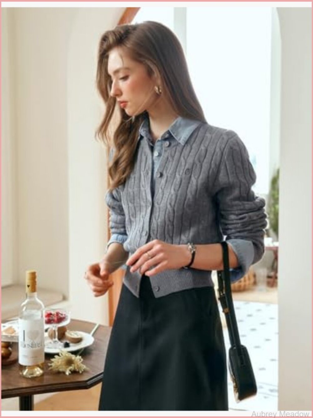 Grey Cable Knit Button Front Cropped Cardigan - Picture 3 of 6